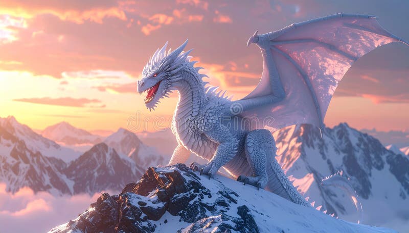 A majestic white dragon with piercing red eyes is perched on a snow-covered rocky peak. Its large, leathery wings are spread wide against a sunset sky, reflecting warm hues of orange and pink. The dragon's scales glisten in the fading light, displaying intricate, armored patterns. Snow-capped mountain ranges stretch into the distance, adding depth and grandeur to the scene. The setting suggests a mythical and remote, mountain-top environment. Fantasy theme, prominently detailed, realistic style white dragon, roaring atop a snow. Al Generated. Armored dragon illustrations