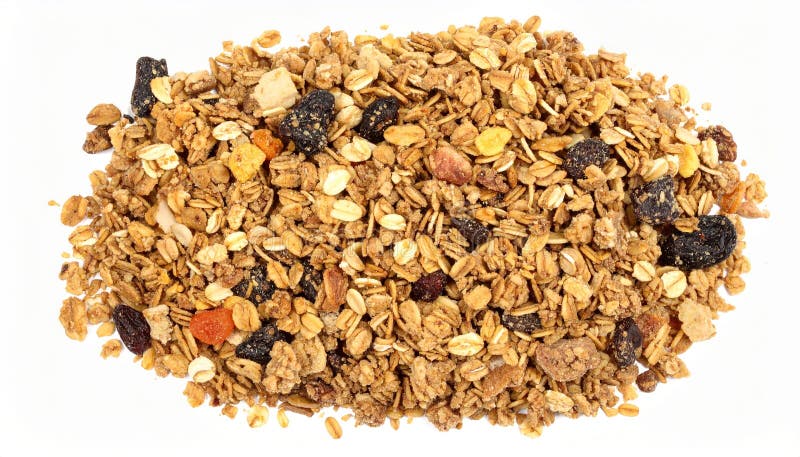 A close-up view of granola mix consisting of oats, dried fruits, and nuts. The blend features rolled oats combined with chunks of ingredients such as almonds, raisins, and pieces of dried fruit like apricots and berries. The texture is crunchy, with visible clumps and individual oats. The colors range from light beige and brown to dark purple, orange, and red, indicating the variety of ingredients. The mix is commonly used as a breakfast cereal or snack option. Dark clumps stock images, royalty-free photos and pictures