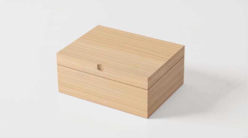 Isolated shot of a simple, decorative closed wooden box without any embellishments. The minimalist design makes it a versatile storage solution or decorative piece. The soft, neutral tone background compliments the wood grain. Compliments people illustrations