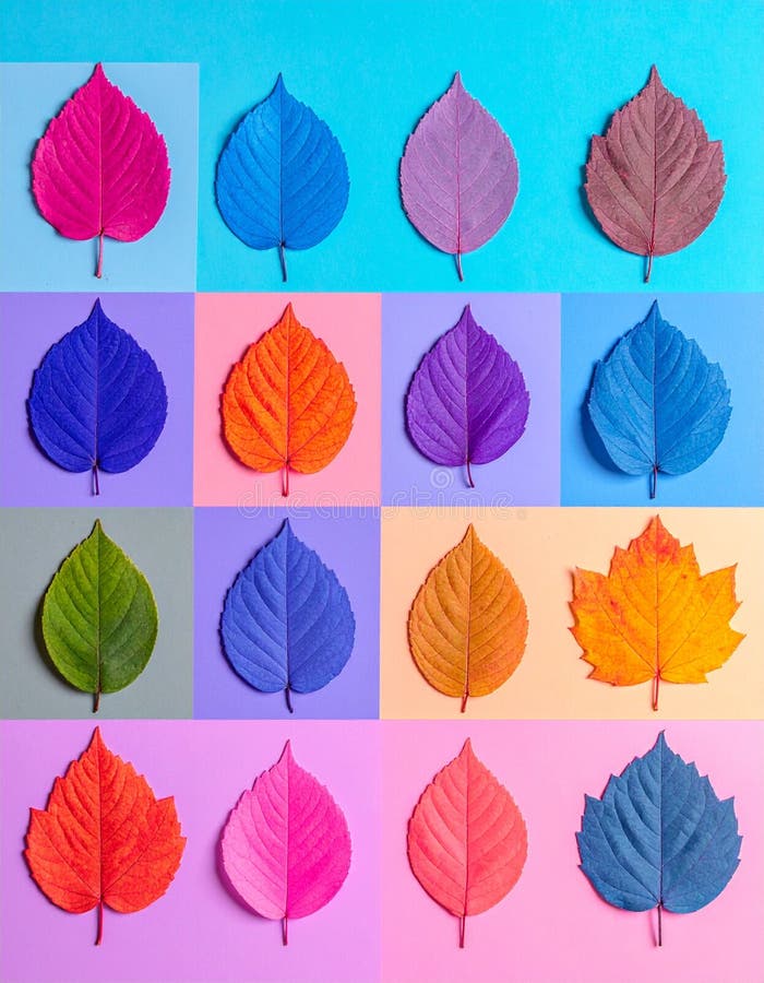 Fifteen leaves are arranged in a grid, each painted in vibrant colors. The leaves are displayed on a background of alternating pastel hues. The colors range from bright pinks, blues, oranges, purples, and reds, showcasing a spectrum of shades. Each row features leaves with distinct color variations, demonstrating a creative and colorful approach to leaf presentation. The composition highlights the contrast between the vivid leaf colors and the muted background tones. Fifteen colors illustrations