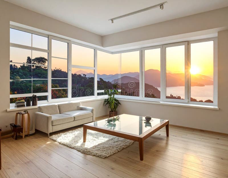 Modern living room with large corner windows showcasing a stunning landscape of mountains and a lake at sunset stock illustration