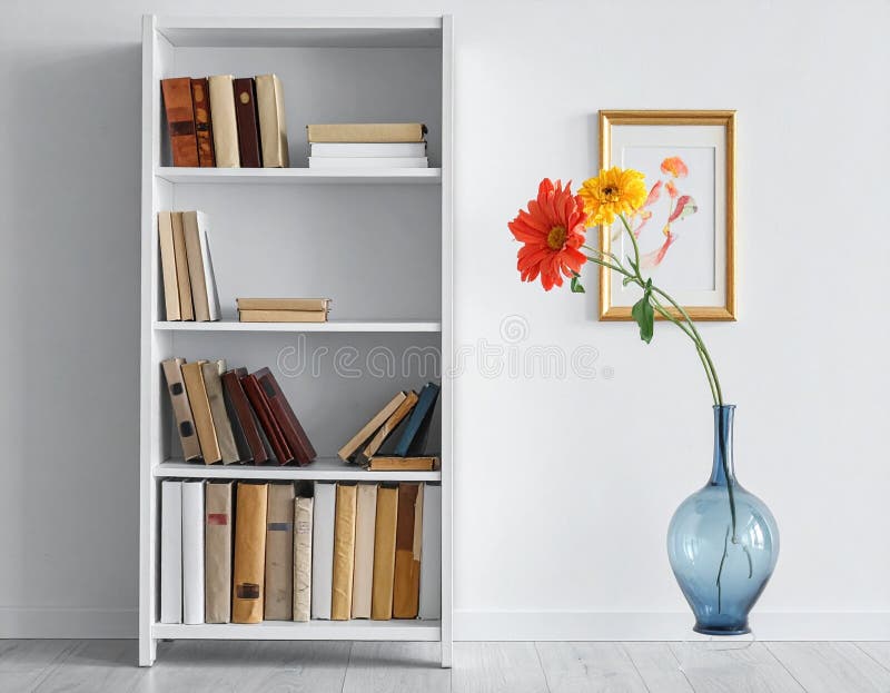 Bookshelf with various books in a variety of neutral colors on four shelves vector illustration