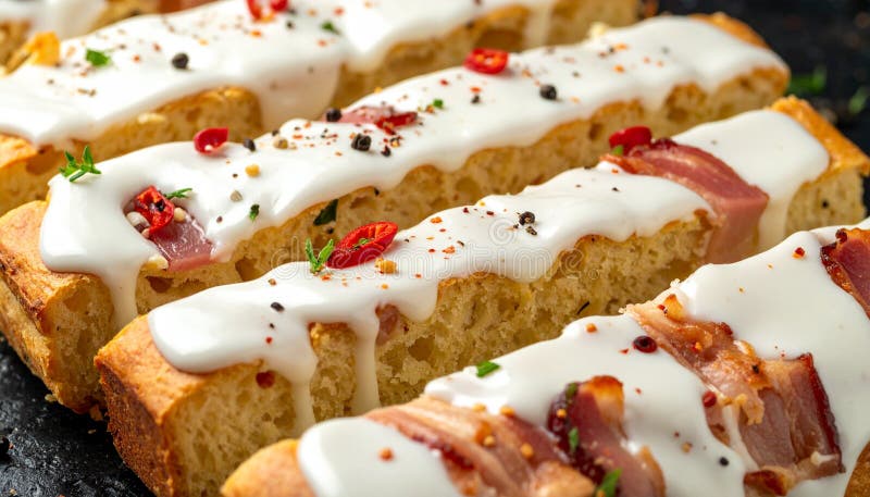 Delicious slices of bacon and pepper-infused focaccia bread covered in white icing. royalty free illustration