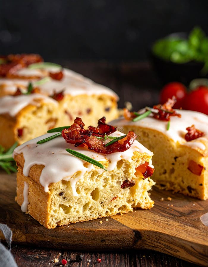 Delicious slices of bacon and pepper-infused focaccia bread covered in white icing. royalty free illustration