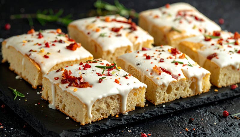 Delicious slices of bacon and pepper-infused focaccia bread covered in white icing. vector illustration