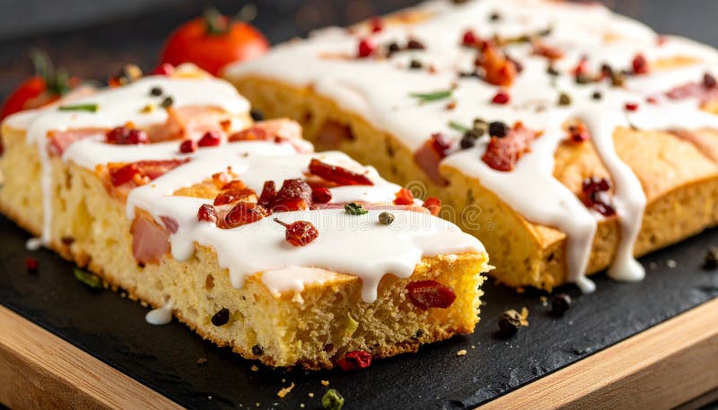 Delicious slices of bacon and pepper-infused focaccia bread covered in white icing. royalty free illustration