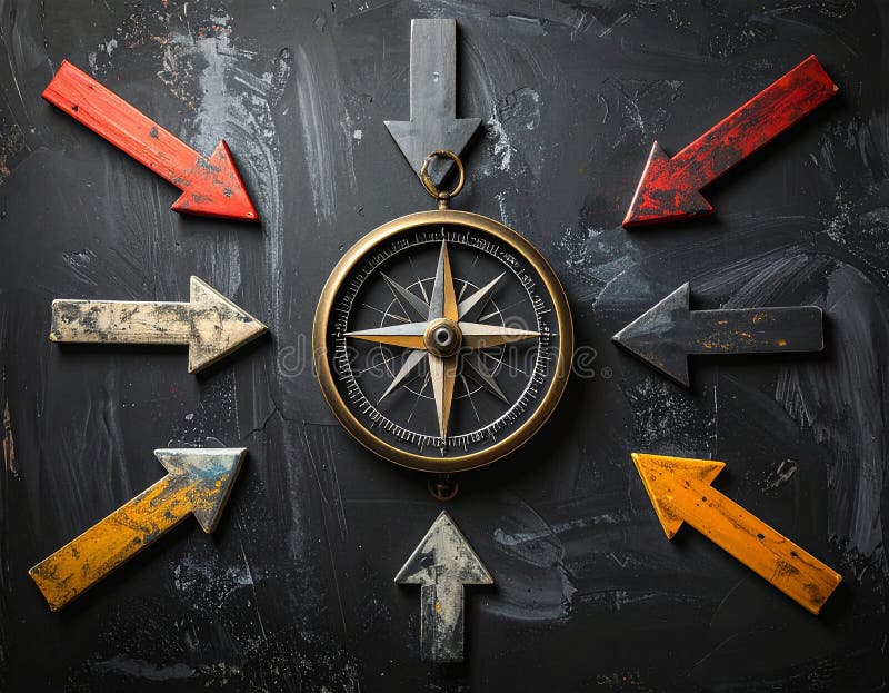 A vintage-style compass is positioned at the center of a textured, dark surface with faint orange-brown and blue-gray strokes. Chalk-drawn arrows extend outward in multiple directions around the compass. The compass features a classic design with a black face, white markings, and a metallic outer casing. The overall composition suggests themes of navigation and direction. Uncertain path or multiple random life directions, concept of fortune and destiny. Al Generated. Arrows circle outward illustrations
