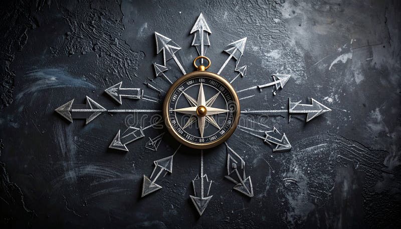 A vintage-style compass is positioned at the center of a textured, dark surface with faint orange-brown and blue-gray strokes. Chalk-drawn arrows extend outward in multiple directions around the compass. The compass features a classic design with a black face, white markings, and a metallic outer casing. The overall composition suggests themes of navigation and direction. Uncertain path or multiple random life directions, concept of fortune and destiny. Al Generated. Arrows circle outward illustrations