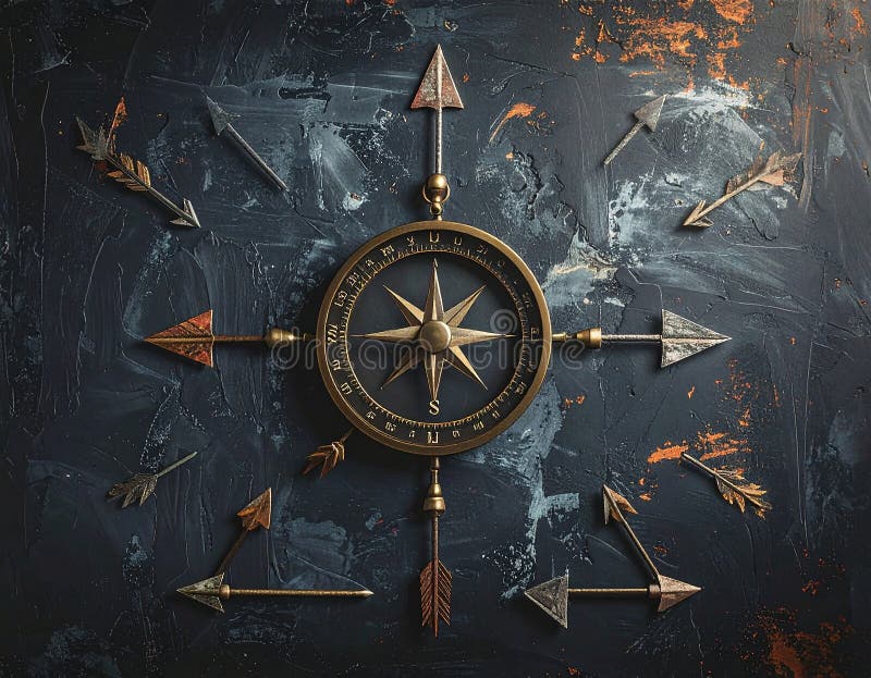 A vintage-style compass is positioned at the center of a textured, dark surface with faint orange-brown and blue-gray strokes. Chalk-drawn arrows extend outward in multiple directions around the compass. The compass features a classic design with a black face, white markings, and a metallic outer casing. The overall composition suggests themes of navigation and direction. Uncertain path or multiple random life directions, concept of fortune and destiny. Al Generated. Arrows circle outward illustrations