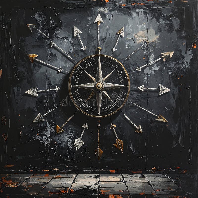 A vintage-style compass is positioned at the center of a textured, dark surface with faint orange-brown and blue-gray strokes. Chalk-drawn arrows extend outward in multiple directions around the compass. The compass features a classic design with a black face, white markings, and a metallic outer casing. The overall composition suggests themes of navigation and direction. Uncertain path or multiple random life directions, concept of fortune and destiny. Al Generated. Arrows circle outward illustrations