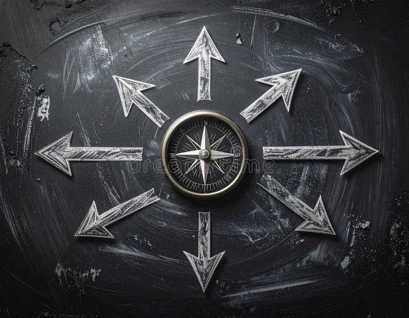 A vintage-style compass is positioned at the center of a textured, dark surface with faint orange-brown and blue-gray strokes. Chalk-drawn arrows extend outward in multiple directions around the compass. The compass features a classic design with a black face, white markings, and a metallic outer casing. The overall composition suggests themes of navigation and direction. Uncertain path or multiple random life directions, concept of fortune and destiny. Al Generated. Arrows circle outward illustrations