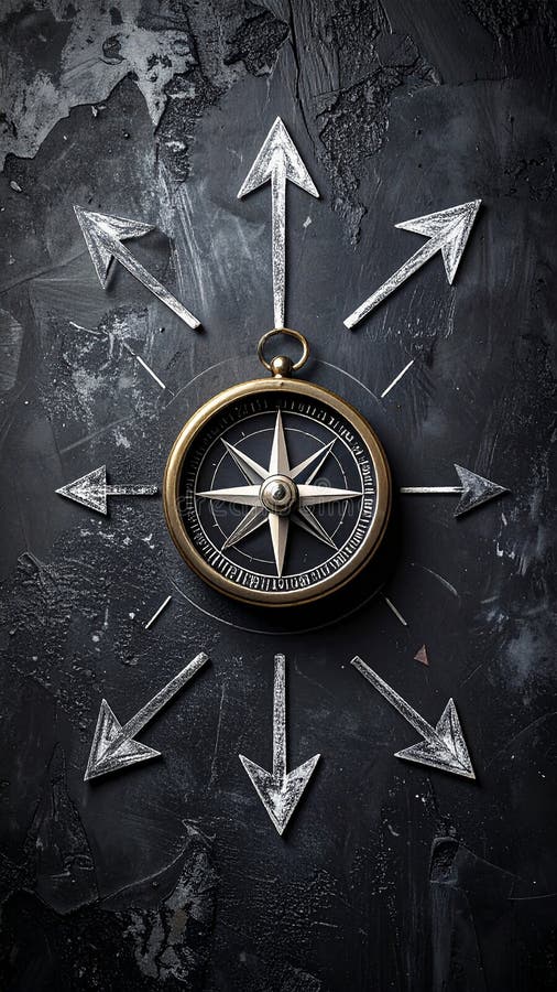 A vintage-style compass is positioned at the center of a textured, dark surface with faint orange-brown and blue-gray strokes. Chalk-drawn arrows extend outward in multiple directions around the compass. The compass features a classic design with a black face, white markings, and a metallic outer casing. The overall composition suggests themes of navigation and direction. Uncertain path or multiple random life directions, concept of fortune and destiny. Al Generated. Arrows circle outward illustrations