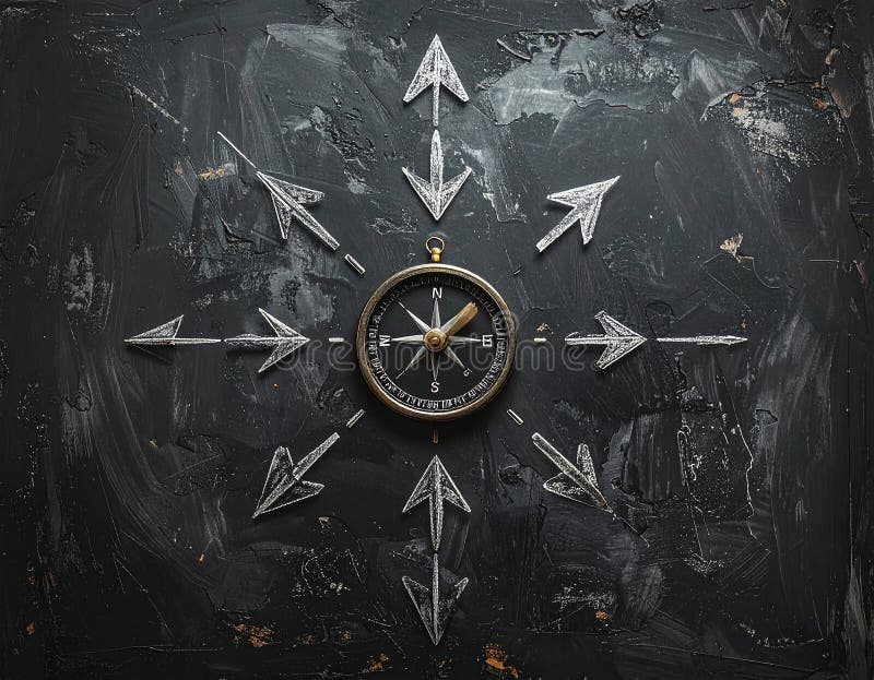 A vintage-style compass is positioned at the center of a textured, dark surface with faint orange-brown and blue-gray strokes. Chalk-drawn arrows extend outward in multiple directions around the compass. The compass features a classic design with a black face, white markings, and a metallic outer casing. The overall composition suggests themes of navigation and direction. Uncertain path or multiple random life directions, concept of fortune and destiny. Al Generated. Arrows circle outward illustrations