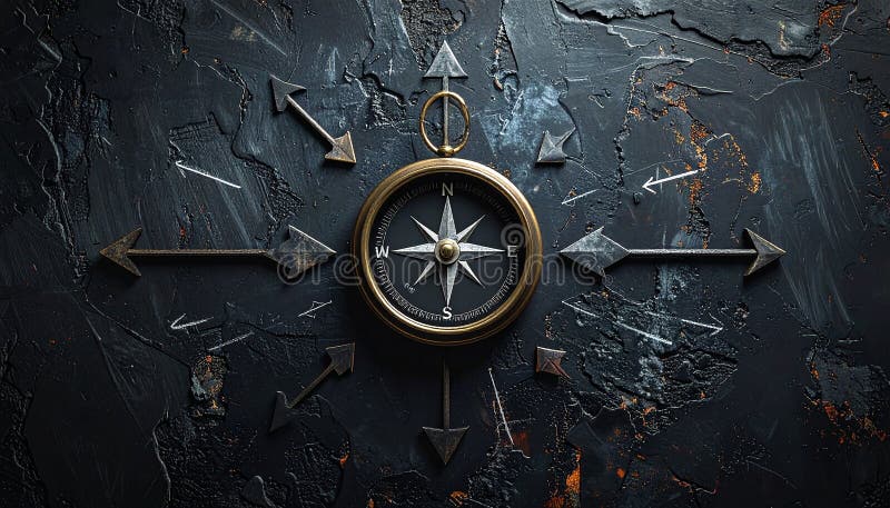 A vintage-style compass is positioned at the center of a textured, dark surface with faint orange-brown and blue-gray strokes. Chalk-drawn arrows extend outward in multiple directions around the compass. The compass features a classic design with a black face, white markings, and a metallic outer casing. The overall composition suggests themes of navigation and direction. Uncertain path or multiple random life directions, concept of fortune and destiny. Al Generated. Arrows circle outward illustrations