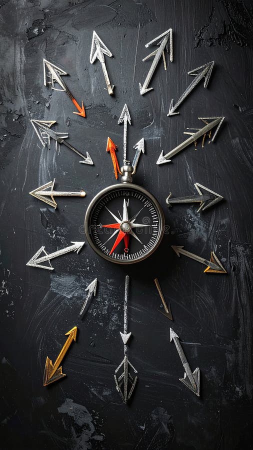 A vintage-style compass is positioned at the center of a textured, dark surface with faint orange-brown and blue-gray strokes. Chalk-drawn arrows extend outward in multiple directions around the compass. The compass features a classic design with a black face, white markings, and a metallic outer casing. The overall composition suggests themes of navigation and direction. Uncertain path or multiple random life directions, concept of fortune and destiny. Al Generated. Arrows circle outward illustrations
