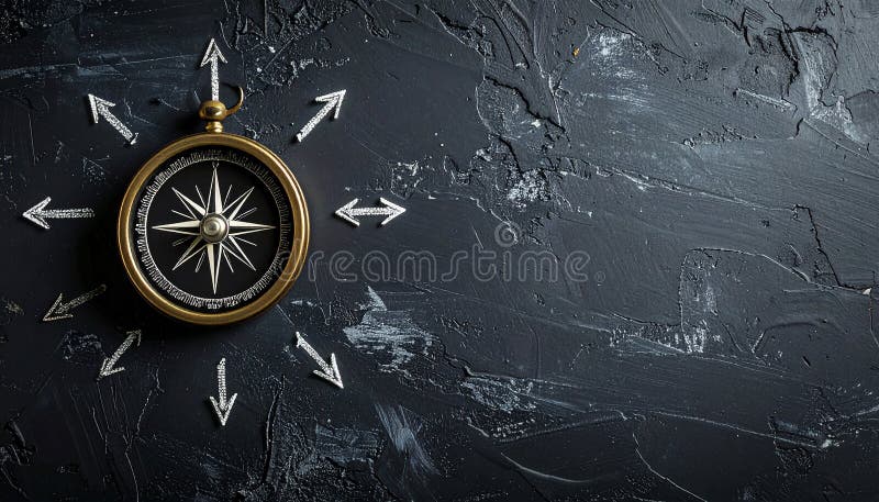 A vintage-style compass is positioned at the center of a textured, dark surface with faint orange-brown and blue-gray strokes. Chalk-drawn arrows extend outward in multiple directions around the compass. The compass features a classic design with a black face, white markings, and a metallic outer casing. The overall composition suggests themes of navigation and direction. Uncertain path or multiple random life directions, concept of fortune and destiny. Al Generated. Arrows circle outward illustrations