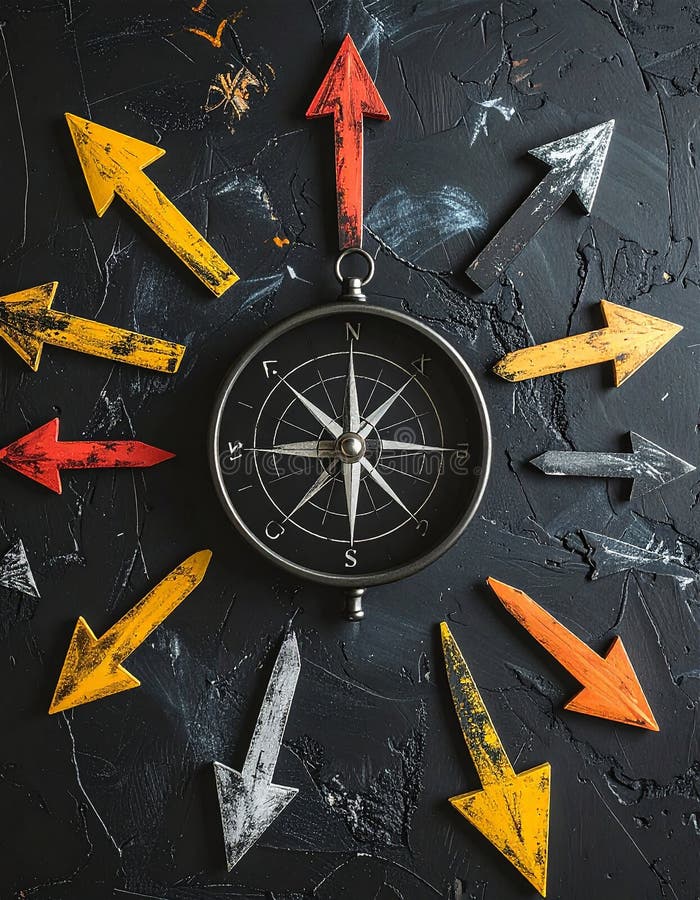 A vintage-style compass is positioned at the center of a textured, dark surface with faint orange-brown and blue-gray strokes. Chalk-drawn arrows extend outward in multiple directions around the compass. The compass features a classic design with a black face, white markings, and a metallic outer casing. The overall composition suggests themes of navigation and direction. Uncertain path or multiple random life directions, concept of fortune and destiny. Al Generated. Arrows circle outward illustrations