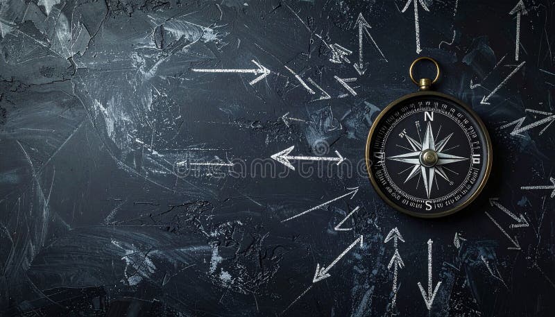 A vintage-style compass is positioned at the center of a textured, dark surface with faint orange-brown and blue-gray strokes. Chalk-drawn arrows extend outward in multiple directions around the compass. The compass features a classic design with a black face, white markings, and a metallic outer casing. The overall composition suggests themes of navigation and direction. Uncertain path or multiple random life directions, concept of fortune and destiny. Al Generated. Arrows circle outward illustrations