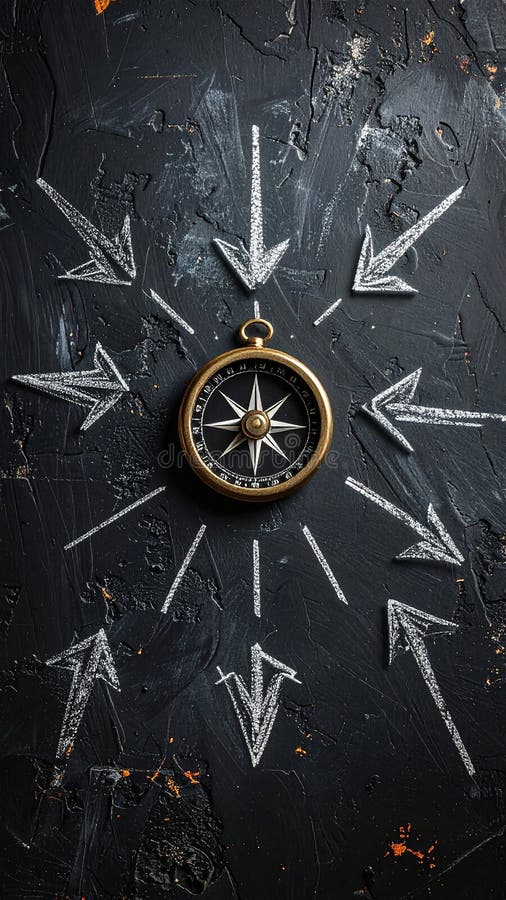 A vintage-style compass is positioned at the center of a textured, dark surface with faint orange-brown and blue-gray strokes. Chalk-drawn arrows extend outward in multiple directions around the compass. The compass features a classic design with a black face, white markings, and a metallic outer casing. The overall composition suggests themes of navigation and direction. Uncertain path or multiple random life directions, concept of fortune and destiny. Al Generated. Arrows circle outward illustrations