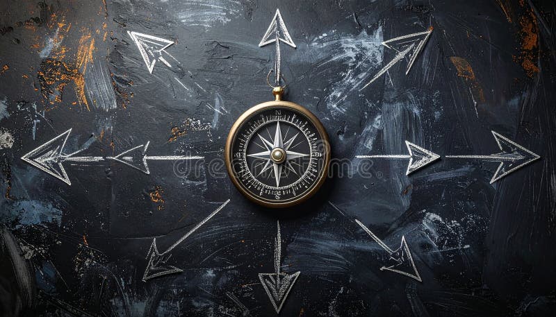 A vintage-style compass is positioned at the center of a textured, dark surface with faint orange-brown and blue-gray strokes. Chalk-drawn arrows extend outward in multiple directions around the compass. The compass features a classic design with a black face, white markings, and a metallic outer casing. The overall composition suggests themes of navigation and direction. Uncertain path or multiple random life directions, concept of fortune and destiny. Al Generated. Arrows circle outward illustrations