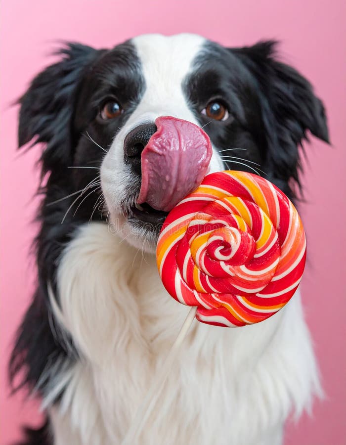 A black and white dog licks a large, red and white swirled lollipop. The background is a solid pink color, enhancing the playful and cheerful mood. The dog has a medium length coat with distinctive markings around its eyes and ears. The lollipop is held on a wooden stick, and the dog's tongue is visibly extended towards it, showing curiosity or playfulness. Border Collie licking lollipop closeup. Close-up of Border Collie licking round lolli. Al Generated. Dogs licking illustrations