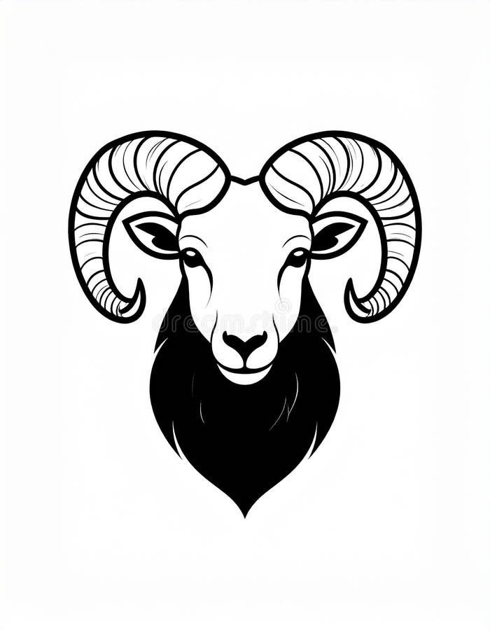 Black and white illustration of a ram's head featuring large, curved horns. The design is minimalistic and symmetrical, with bold, clean lines outlining the facial features and spiraling horns. The ram is depicted head-on, emphasizing the curvature and texture of the horns. This style resembles a logo or emblem, capturing the essence of strength and determination often associated with rams (Ovis aries). The simple monochrome palette enhances the design's clarity and impact. Ram icon isolated on white background. Mutton head. Design elements for logo, label. l Generated. Aries logo illustrations