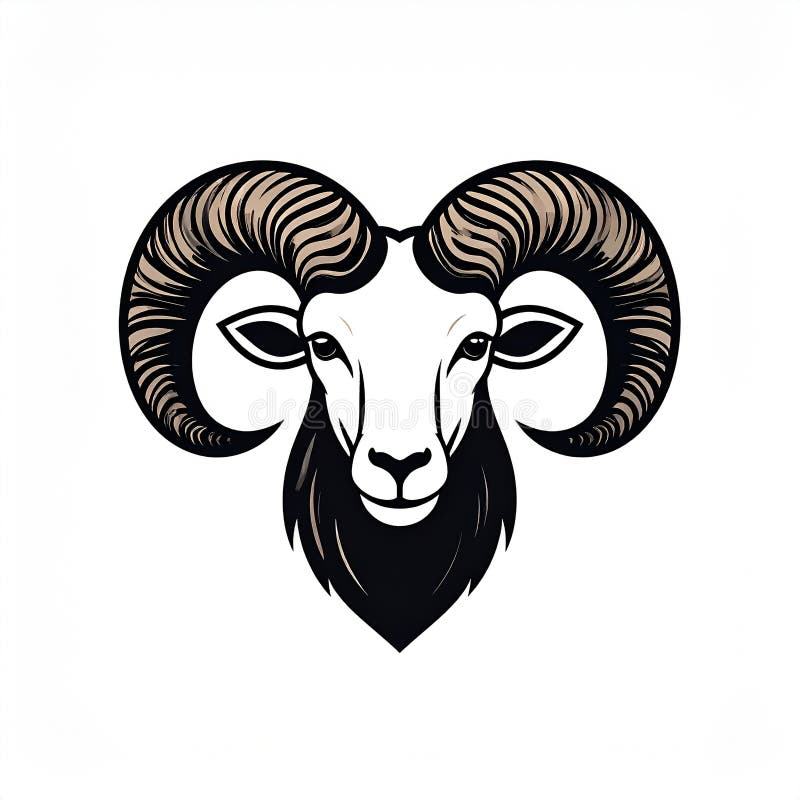 Black and white illustration of a ram's head featuring large, curved horns. The design is minimalistic and symmetrical, with bold, clean lines outlining the facial features and spiraling horns. The ram is depicted head-on, emphasizing the curvature and texture of the horns. This style resembles a logo or emblem, capturing the essence of strength and determination often associated with rams (Ovis aries). The simple monochrome palette enhances the design's clarity and impact. Ram icon isolated on white background. Mutton head. Design elements for logo, label. l Generated. Aries logo illustrations