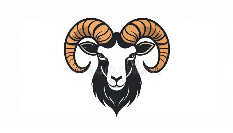 Black and white illustration of a ram's head featuring large, curved horns. The design is minimalistic and symmetrical, with bold, clean lines outlining the facial features and spiraling horns. The ram is depicted head-on, emphasizing the curvature and texture of the horns. This style resembles a logo or emblem, capturing the essence of strength and determination often associated with rams (Ovis aries). The simple monochrome palette enhances the design's clarity and impact. Ram icon isolated on white background. Mutton head. Design elements for logo, label. l Generated. Aries logo illustrations