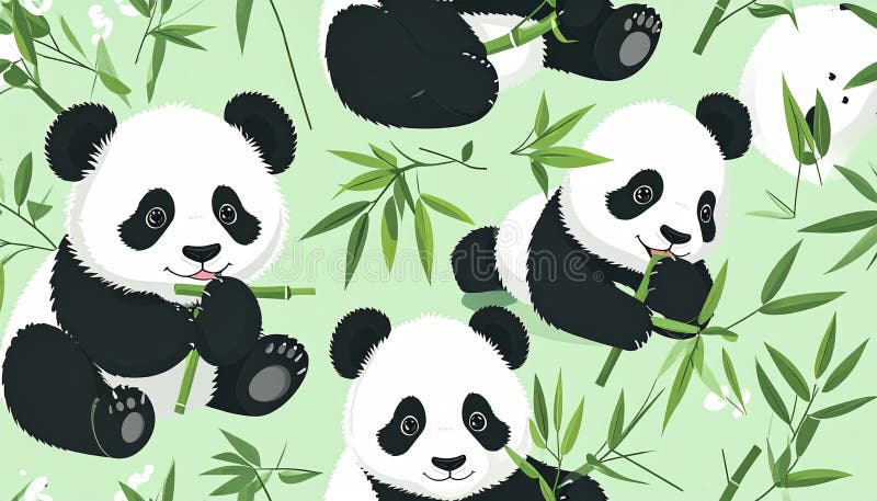 Adorable Cartoon Pandas Eating Bamboo in a Lush Green Environment vector illustration