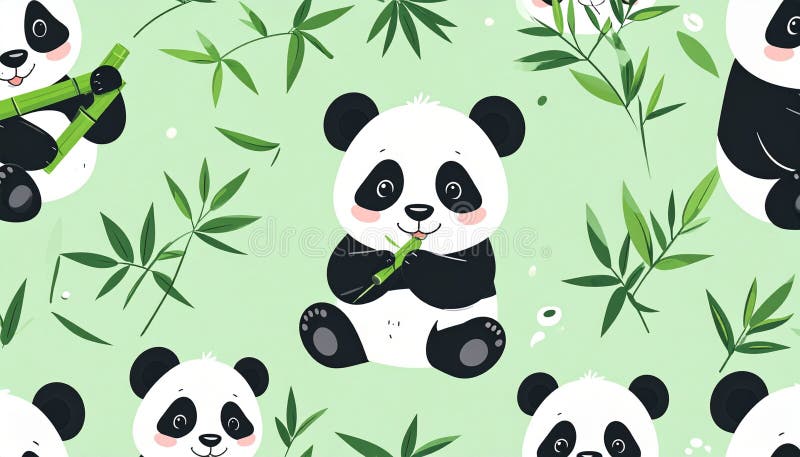 Adorable Cartoon Pandas Eating Bamboo on Light Green Background royalty free illustration