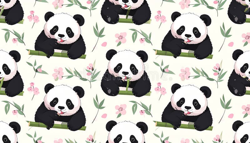 Adorable Cartoon Pandas Eating Bamboo with Pink Flowers Pattern royalty free illustration