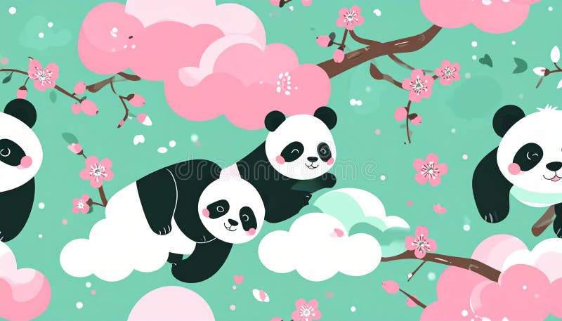 Adorable Cartoon Pandas Playing Among Pink Cherry Blossoms and Clouds on Teal Background stock illustration