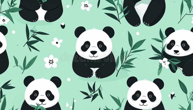 Adorable Cartoon Pandas in a Lush Green Floral Background with Bamboo Leaves vector illustration