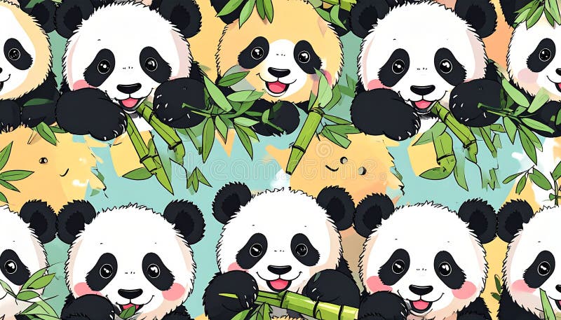 Adorable Cartoon Pandas Eating Bamboo in a Playful Seamless Pattern stock illustration