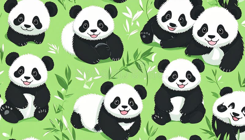 Adorable Cartoon Pandas in a Lush Green Bamboo Forest Setting royalty free illustration