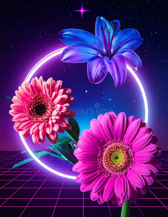 Cyberpunk photo of 90s poster flowers vector illustration
