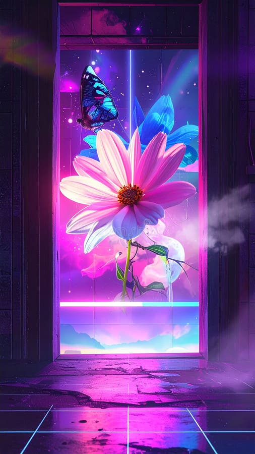 Cyberpunk photo of 90s poster flowers vector illustration