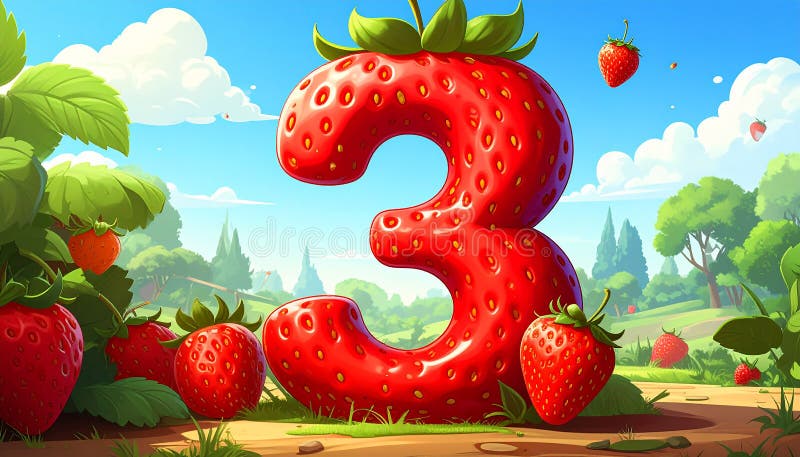 Cartoon artistic image of strawberry in the shape of the number 3 vector illustration