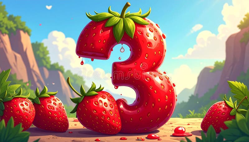 Cartoon artistic image of strawberry in the shape of the number 3 vector illustration