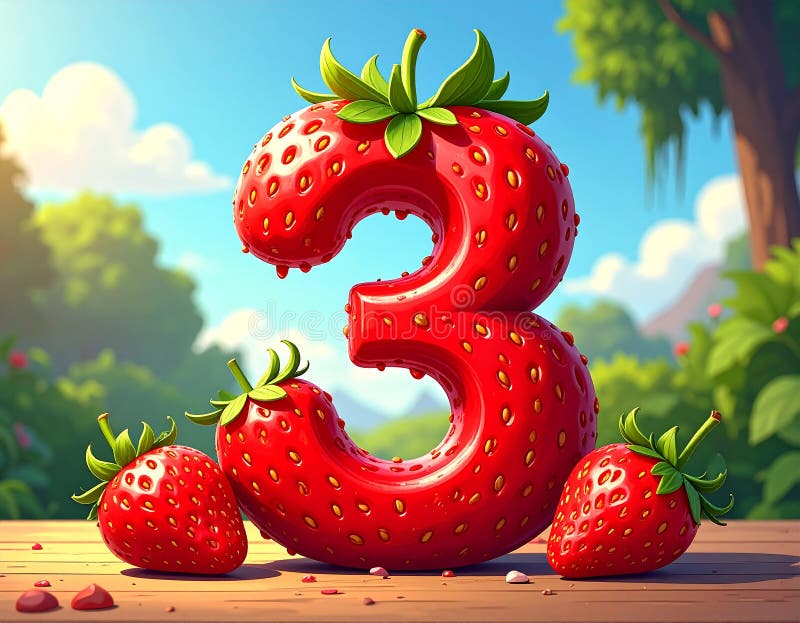Cartoon artistic image of strawberry in the shape of the number 3 vector illustration
