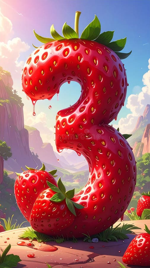 Cartoon artistic image of strawberry in the shape of the number 3 stock illustration