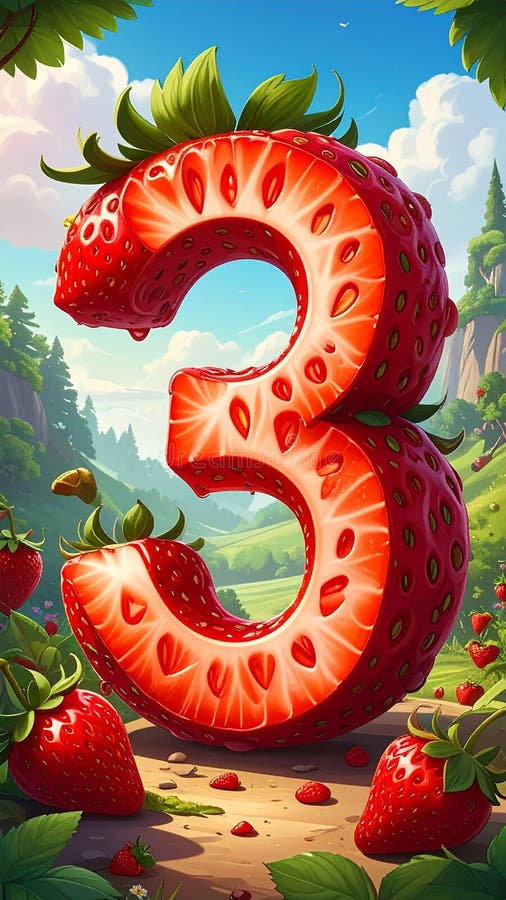 Cartoon artistic image of strawberry in the shape of the number 3 royalty free illustration