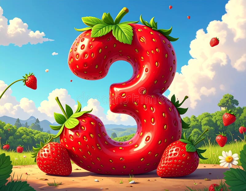Cartoon artistic image of strawberry in the shape of the number 3 stock illustration