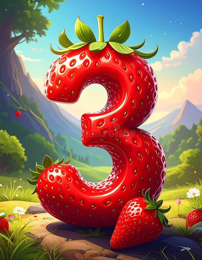 Cartoon artistic image of strawberry in the shape of the number 3 stock illustration