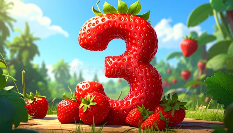 Cartoon artistic image of strawberry in the shape of the number 3 royalty free illustration
