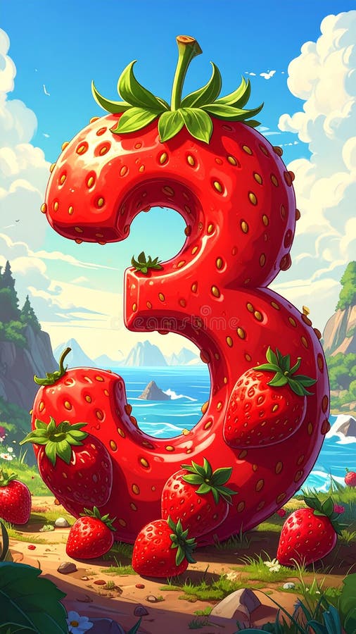 Cartoon artistic image of strawberry in the shape of the number 3 royalty free illustration