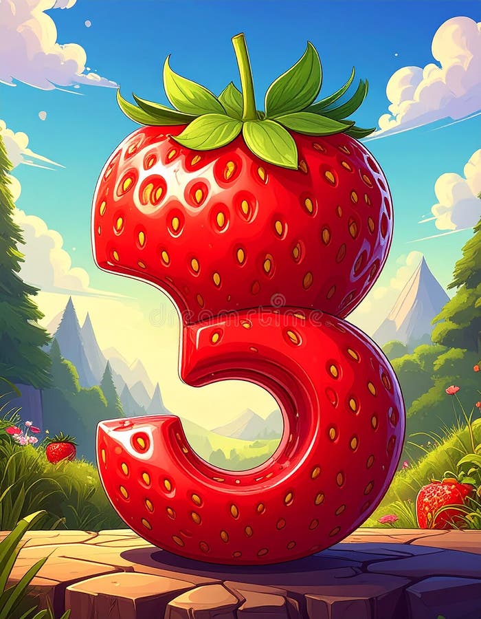 Cartoon artistic image of strawberry in the shape of the number 3 royalty free illustration