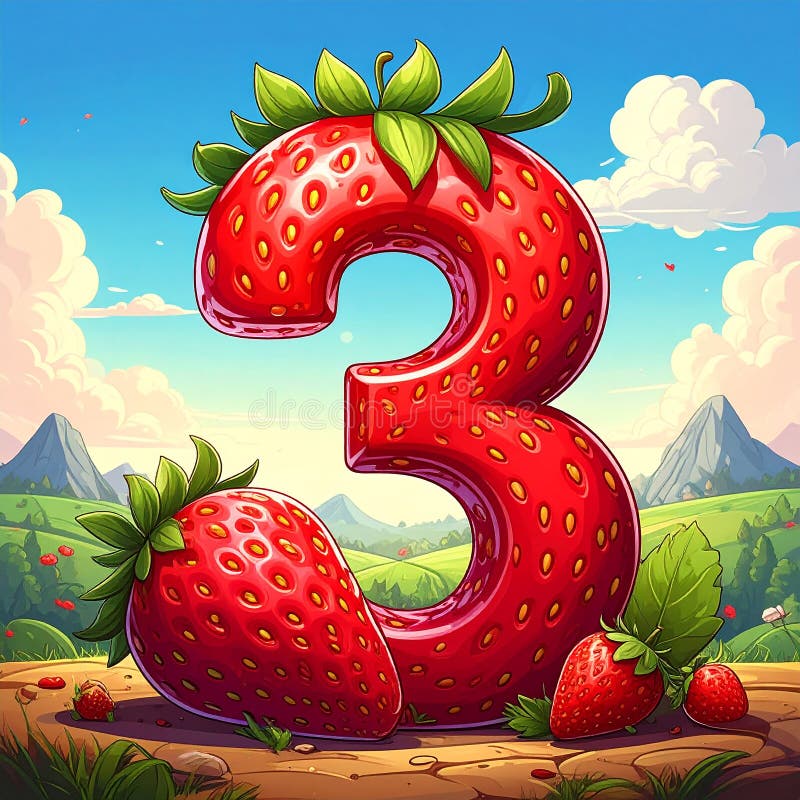 Cartoon artistic image of strawberry in the shape of the number 3 royalty free illustration