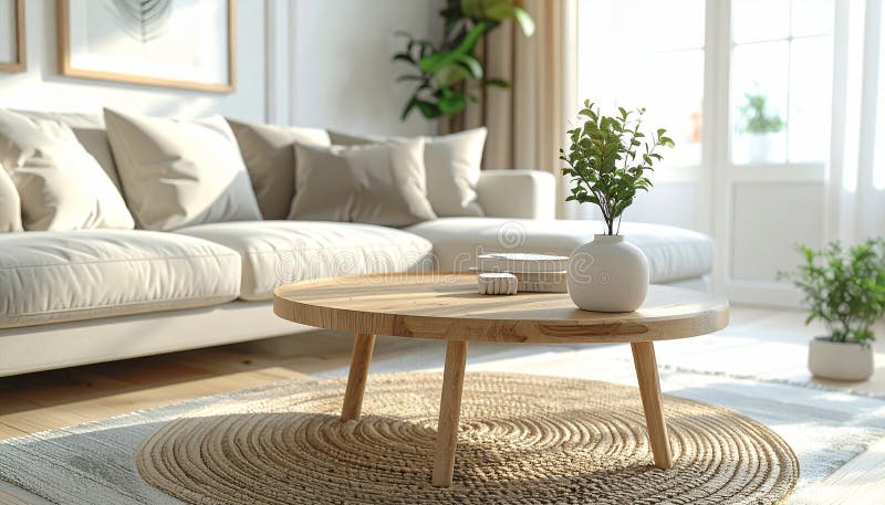 A serene, sunlit living room features a round wooden coffee table on a textured rug. On the table, a small glass vase holds delicate white flowers, alongside a shallow bowl with round decorative objects. In the background, a light-colored sofa with plush cushions complements the bright and airy atmosphere. Tall, sheer curtains frame large windows, allowing soft natural light to illuminate the space, emphasizing a minimalist and cozy interior design. Round table top in living room, cozy environment, front view, enjoyable environment. image. Top view brown sofa illustrations