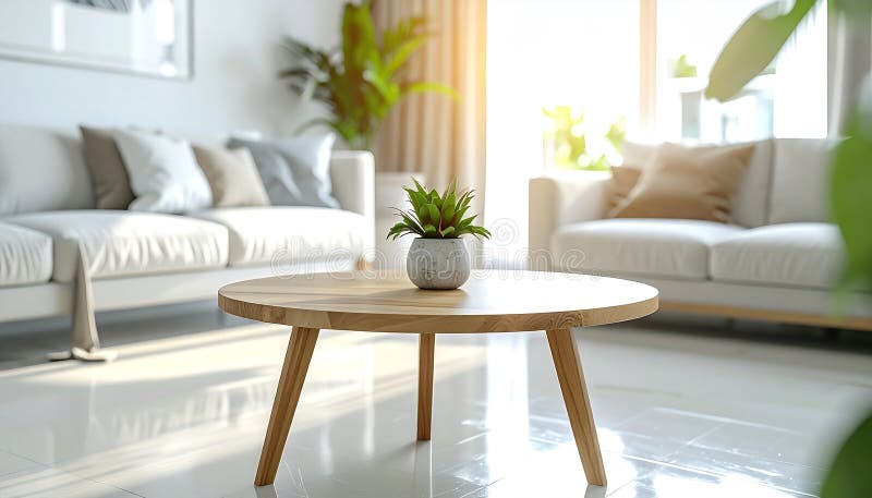 A serene, sunlit living room features a round wooden coffee table on a textured rug. On the table, a small glass vase holds delicate white flowers, alongside a shallow bowl with round decorative objects. In the background, a light-colored sofa with plush cushions complements the bright and airy atmosphere. Tall, sheer curtains frame large windows, allowing soft natural light to illuminate the space, emphasizing a minimalist and cozy interior design. Round table top in living room, cozy environment, front view, enjoyable environment. image. Top view brown sofa illustrations